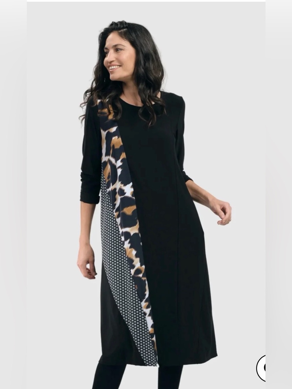 Like new ALEMBIKA tekbika Aline swing dress in black with leopard and geo accent